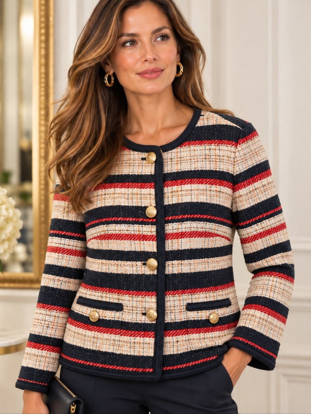 Anne Klein Striped Jacket Size 14 Navy Ivory Red Tweed Couture Old Money preppy